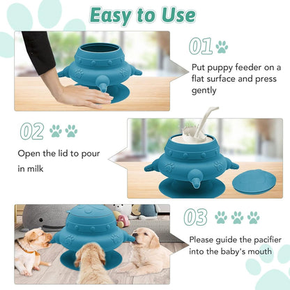 Puppy Feeder for Multiple Puppies, 4 Teats Puppy Milk Feeder Puppy Nipple Feeder Silicone Puppy Nursing Station, 240ml Puppy Nursing Bottles for Kittens, Puppies, Rabbits (One Size, Blue)