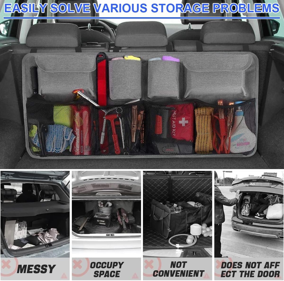 TSUGAMI Car Trunk Organizer, Super Capacity Collapsible Backseat Hanging Bag with Multiple Storage Pockets, Foldable Automotive Space Saving Accessories, Universal for Truck, SUV, RV (Gray)