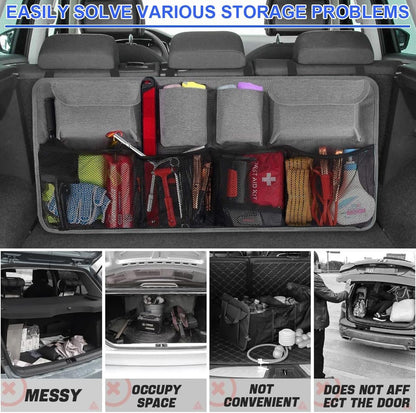 TSUGAMI Car Trunk Organizer, Super Capacity Collapsible Backseat Hanging Bag with Multiple Storage Pockets, Foldable Automotive Space Saving Accessories, Universal for Truck, SUV, RV (Gray)
