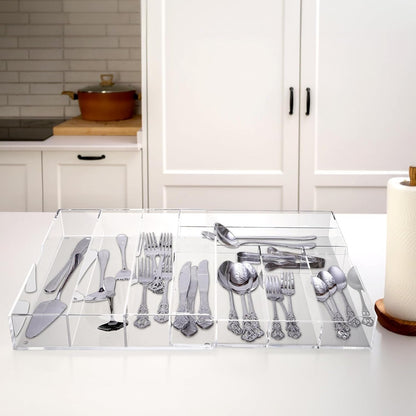 Fasmov Expandable Plastic In-Drawer Utensil Organizer Tray, Acrylic Adjustable Cutlery and Flatware Tray, Silverware Organizer Kitchen Drawer Organizer for Flatware and Utensils -9 Compartments
