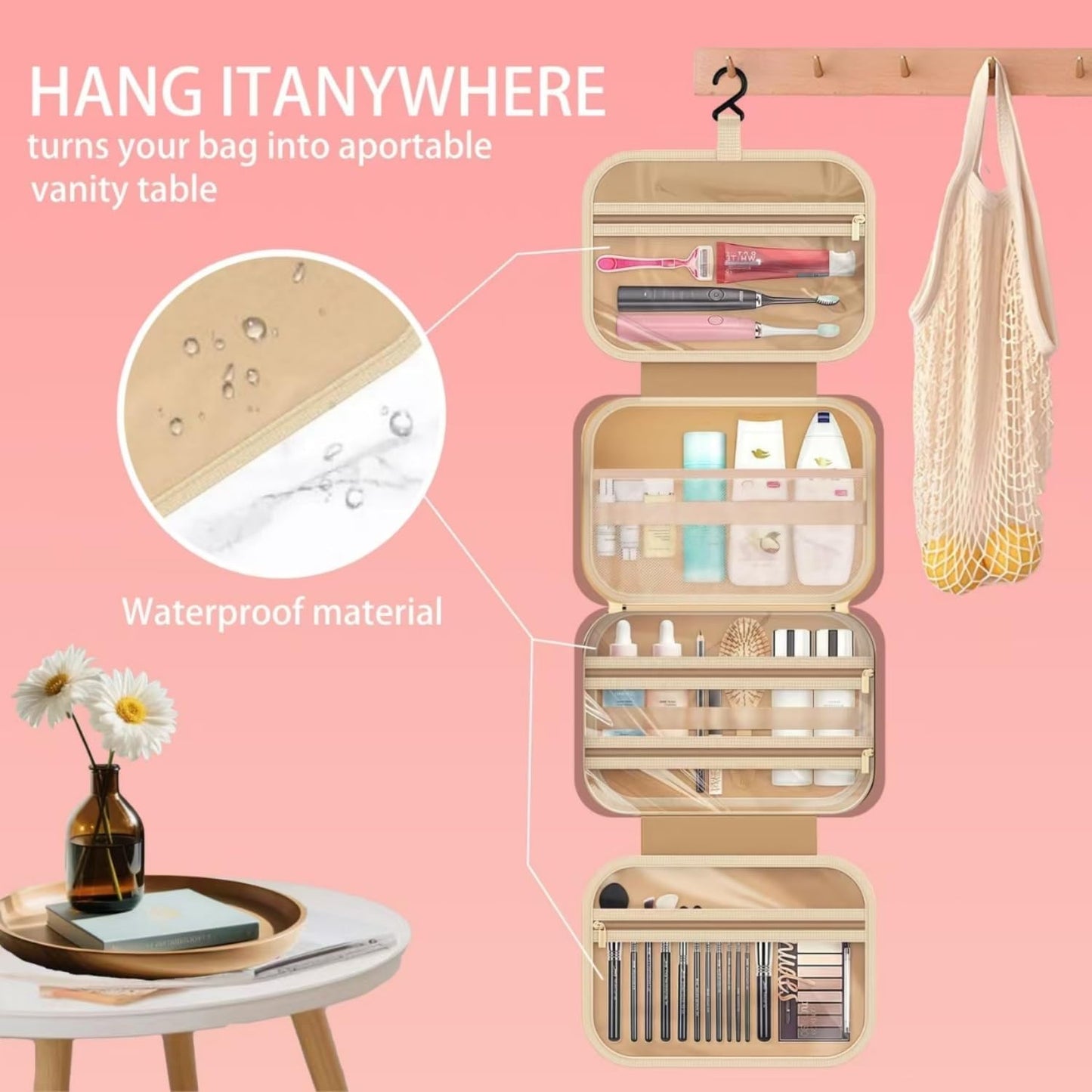 4 Pocket Card Binder, Toiletry Bag with Hanging Hook, Water-Resistant Makeup Cosmetic Bag Travel Organizer for Travel-Sized Shampoo, Conditioner, Brushes Set, Makeup Accessories, Pink