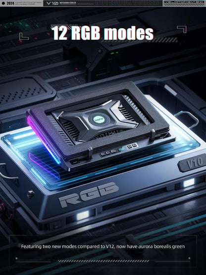 llano V10 Gaming Laptop Cooling Pad, RGB Laptop Cooler Stand with 4.72 Inch External Powerful Cooling Fan, Rapid Cooling Computer 13-17.3in, Action Button Control, 3 Adjustable Stand, 4-Port USB C&A