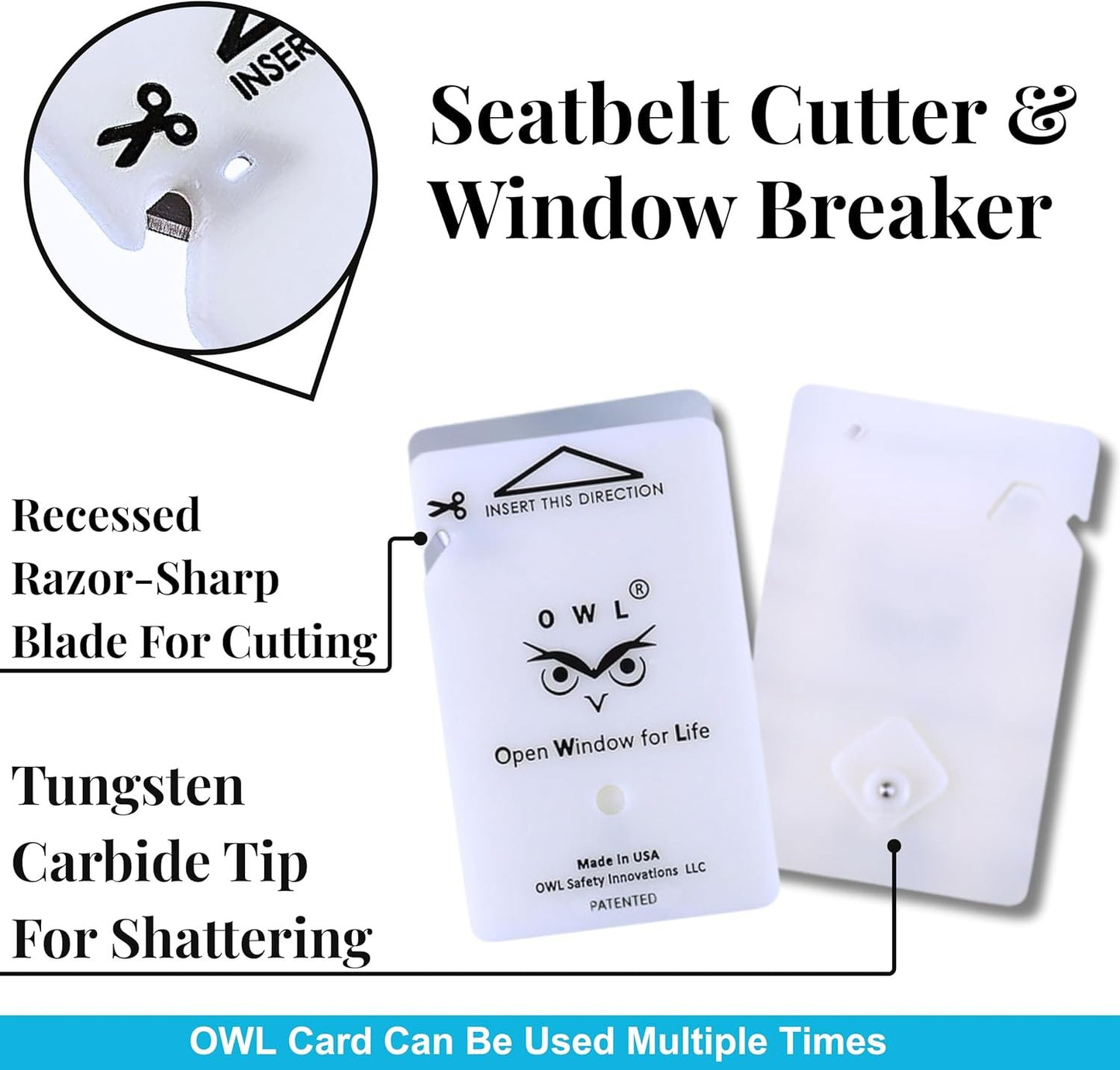 OWL Car Window Breaker and Seatbelt Cutter Card Auto Crash Emergency Escape Tool Life Saving Survival Kit 2-in-1 Tool - Made in USA with Red Holder