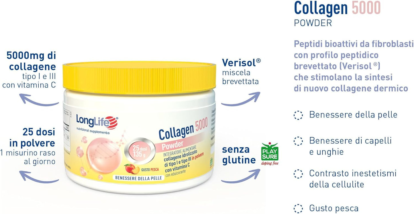 LongLife® Collagen 5000 Powder | Type I and III Hydrolyzed Collagne Powder | Skin Wellness | 25 Doses | Peach and Gluten Free Flavour