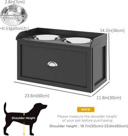 PawHut Elevated Dog Bowls for Large Dogs, Raised Pet Feeding Station with 2 Stainless Steel Bowls, Hidden Storage Drawer, Wood Stand for Cats, Black