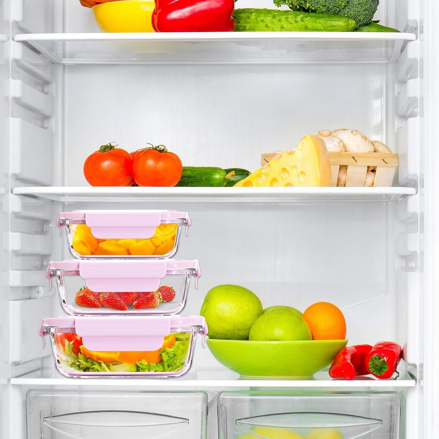 ATRDTO 6 Pieces Rectangle Glass Food Storage Containers with Lids, Meal Prep Containers for Food Storage, BPA Free & Leak Proof (3 lids & 3 Containers) 13.9oz, 24oz, 35oz (Pink)