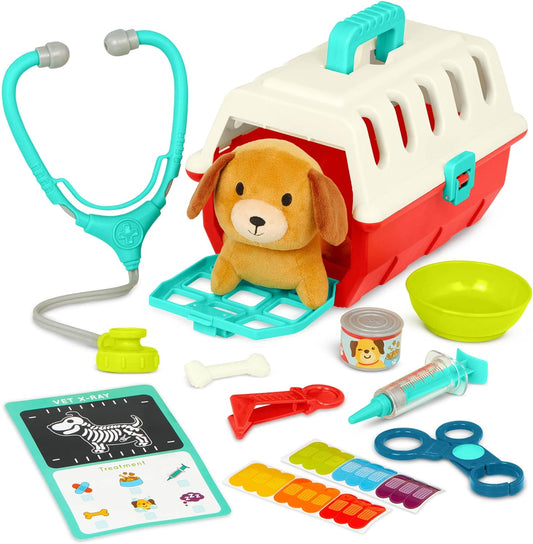 Battat – Mini Vet Playset (11pc) – Plush Dog & Carrier – Stickers & Checklist – Toy Stethoscope & Bone – 2 Years + – Puppy Care Vet Kit