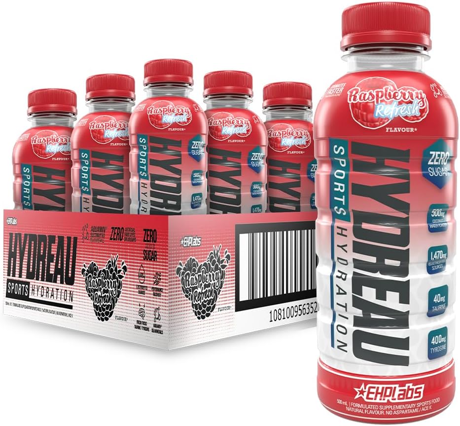 EHP Labs Hydreau Sports Electrolyte Hydration Drink - Sugar Free Electrolytes with Coconut Water Powder, Taurine & Tyrosine - Essential Electrolytes for Energy, Focus, & Endurance. 12 Pack, Raspberry Refresh