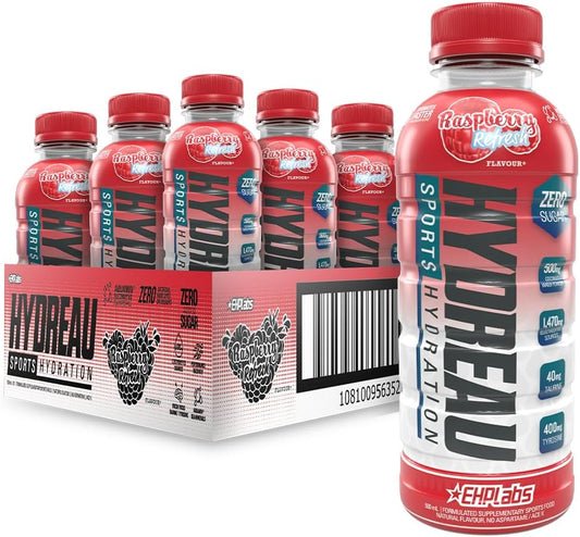 EHP Labs Hydreau Sports Electrolyte Hydration Drink - Sugar Free Electrolytes with Coconut Water Powder, Taurine & Tyrosine - Essential Electrolytes for Energy, Focus, & Endurance. 12 Pack, Raspberry Refresh