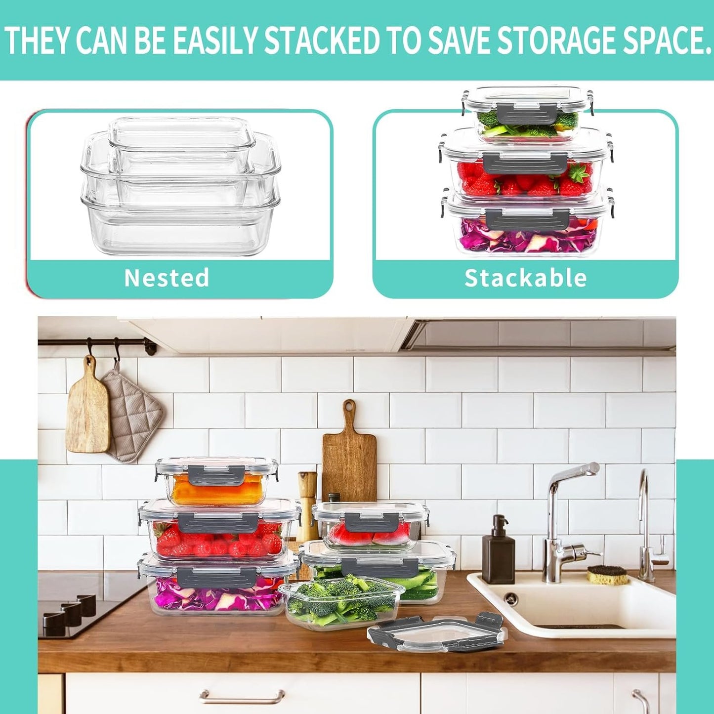 Skroam 10 Pack Glass Food Storage Containers with Lids, Glass Airtight Meal Prep Container Set for Lunch, on the Go, Leftover, Kitchen Pantry Organizers and Storage, BPA Free & Leak Proof