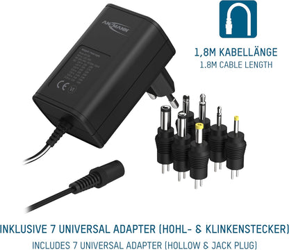 ANSMANN Universal Power Supply 7 Pin APS 300 3-12V - Charger for Electronic Devices Interchangeable Connectors 300mA Adjustable Voltage