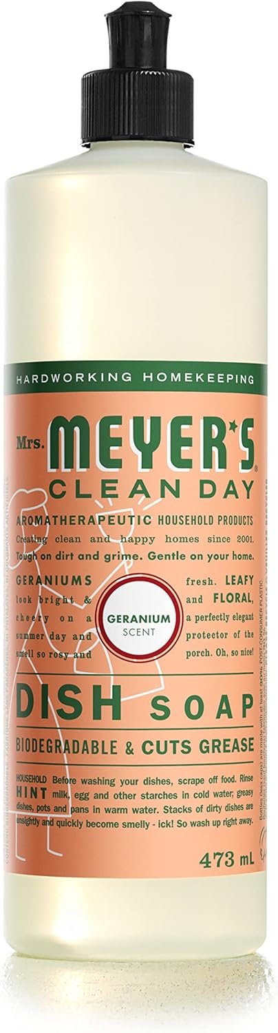 Mrs. Meyer's Clean Day Dish Soap, Cruelty Free and Biodegradable Dishwashing Liquid, Geranium Scent, 473 ml Bottle