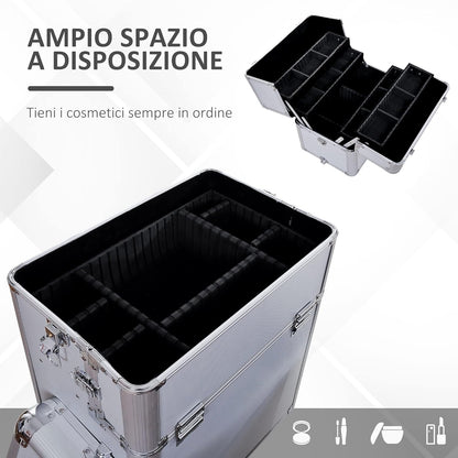 HOMCOM - Professional Makeup Artist Trolley Beauty Case Aluminium, silver