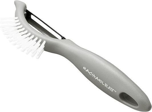 Rachael Ray Kitchen Tools and Gadgets Vegetable / Fruit Peeler with Brush - 3-In-1 , Sea Salt Gray