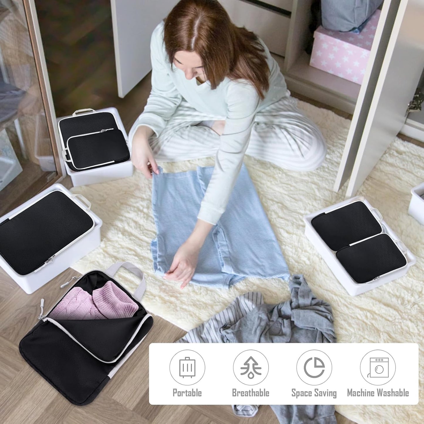 VMUTGA Suitcase Organizer, Compression Packing Cubes, Expandable Space-Saving Suitcase Organizer for Backpacks or Hand Luggage, 4 Pieces Black