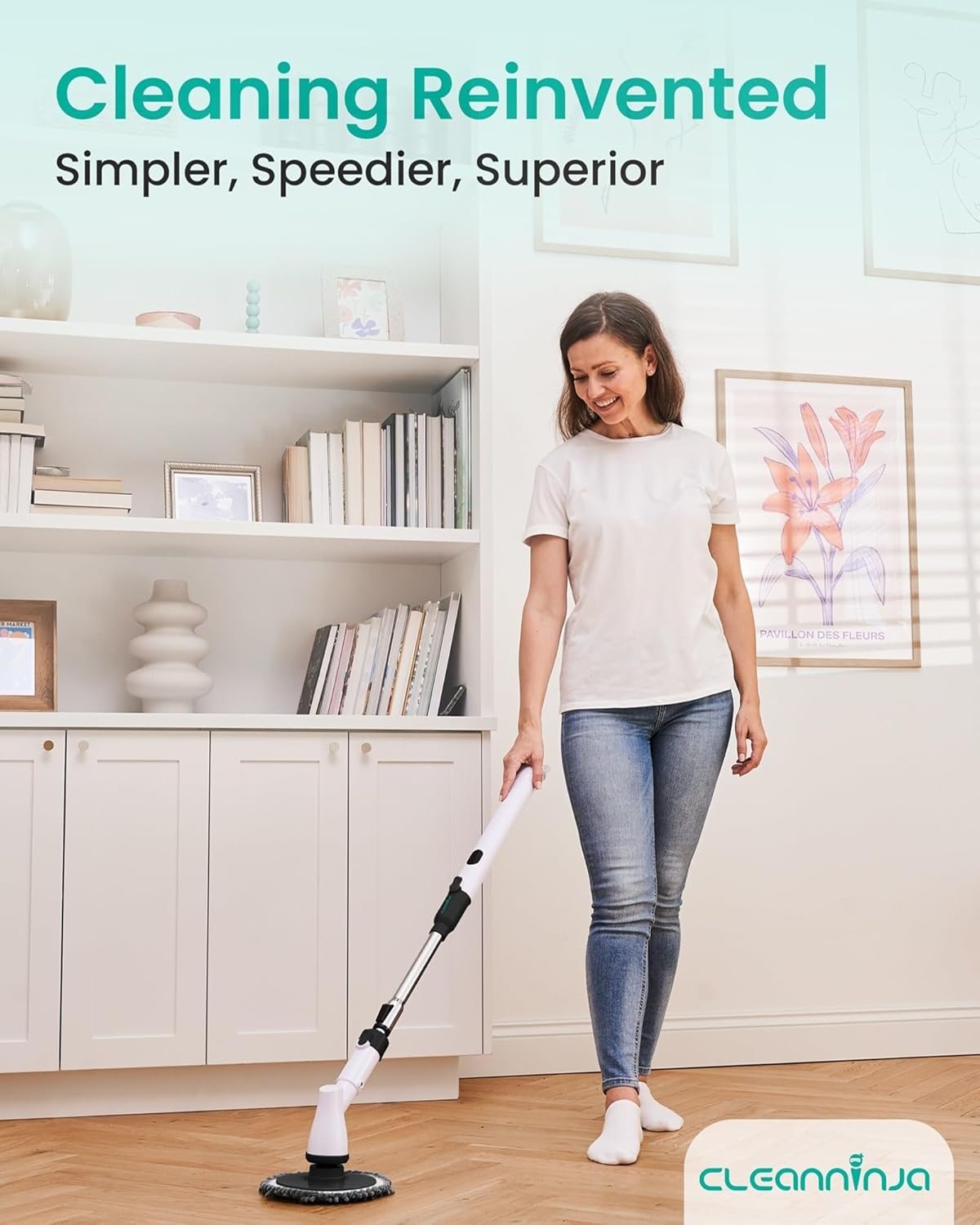 Electric Spin Scrubber Cordless - Bathroom Scrubber with 11 Replaceable Heads - Long Handle Electric Cleaning Brush