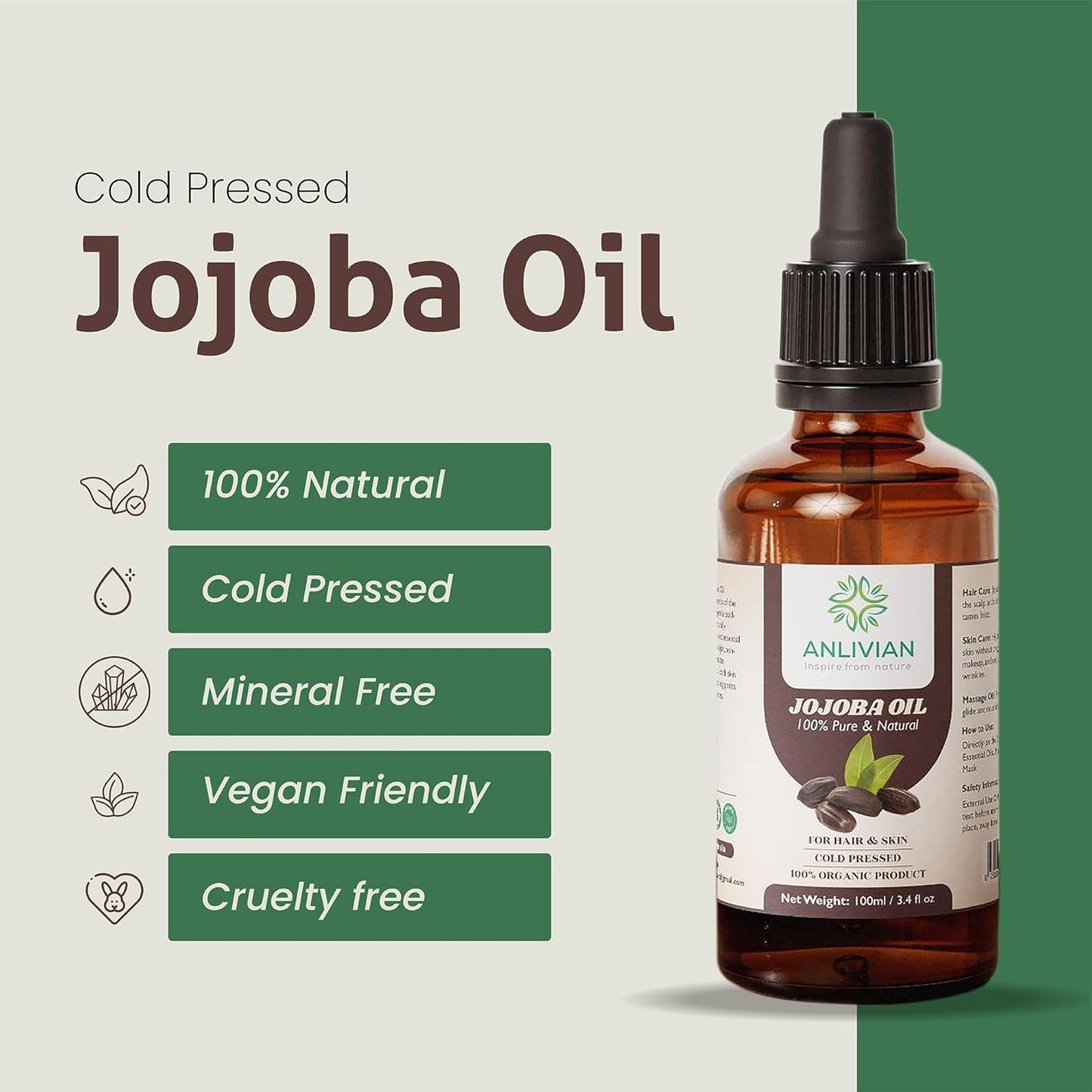 Anlivian Pure Cold Pressed Jojoba Oil, 100ml, Natural Carrier Oil For Hair and Skin Care, Nail, Makeup Remover, Facial Moisturizer 100% Pure Packed In Australia.