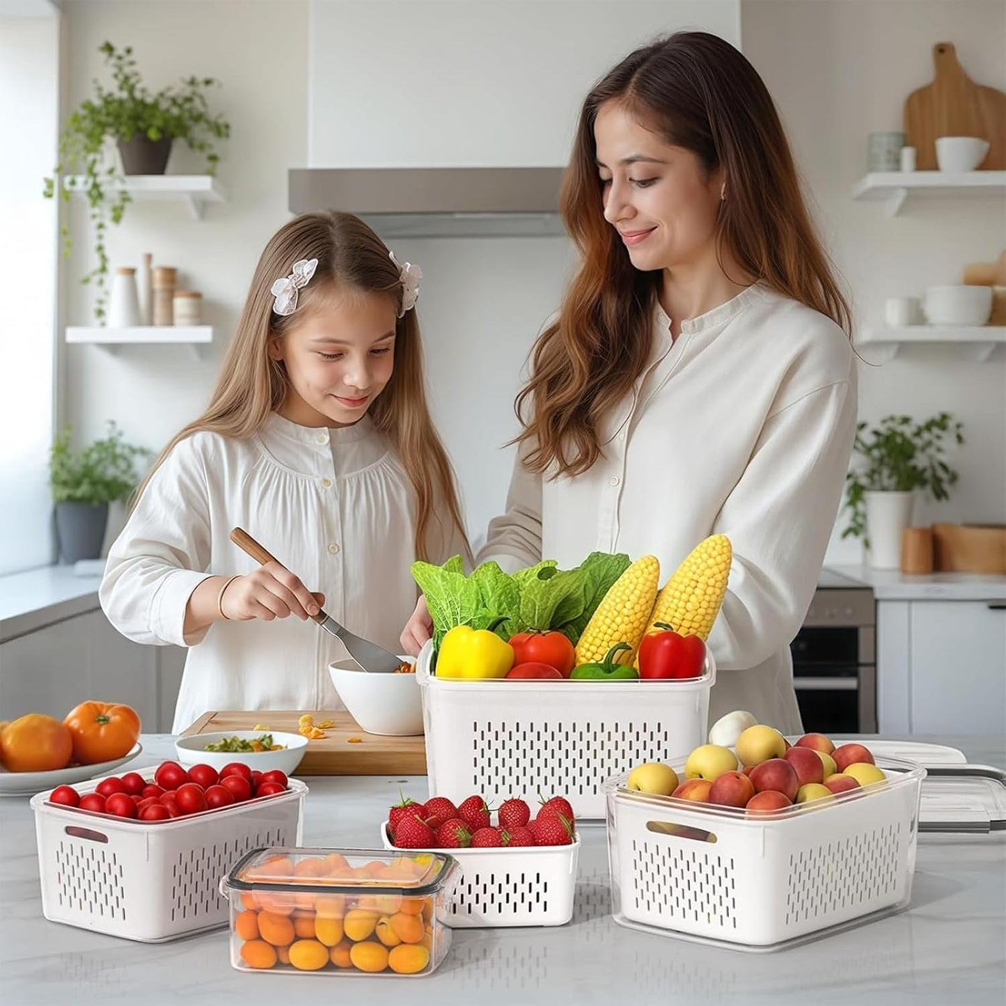 Fruit Storage Containers For Fridge, 5 Pack Leakproof Food Storage Containers with Removable Colander & Microwave Safe Fridge Organizer, Multi-Size Capacity with Lid & Colander for Home Kitchen