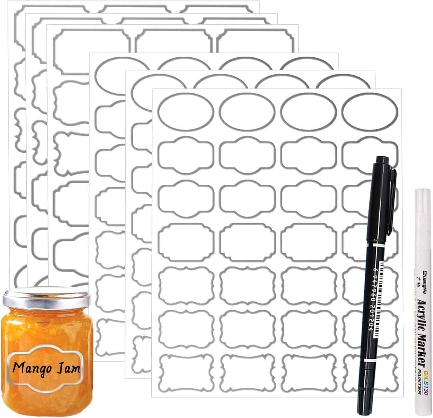 JaoNanl Removable Clear Labels for Jars, Transparent Label Stickers with Silver Border,Waterproof Write-On Kitchen Labels with Markers for Food Container,Storage Bin,Spice Jar,Home Organization,138Pcs