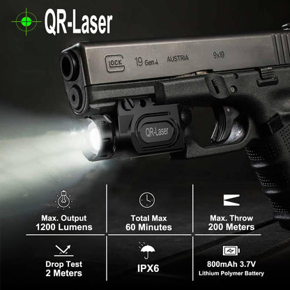 QR-Laser 1200 Lumens Tactical Weapon Mount Light for Handgun with Picatinny Rail, Premium LED Flashlight Type-C Rechargeable with Strobe Function for Pistol Handgun Glock Rifles