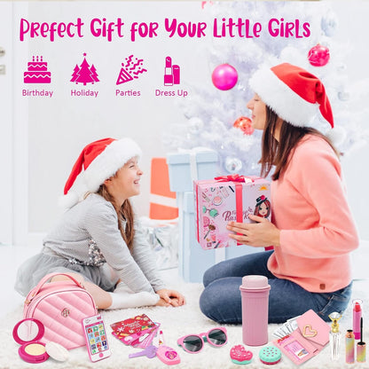 Kids Pretend Play Little Girl Purse Accessories, Princess Toy Cell Phone w/ Light & Sound, Fake Makeup, Wallet, Keys, Credit Card, Play Water Bottle Valentine Birthday Gift Toys for Girls