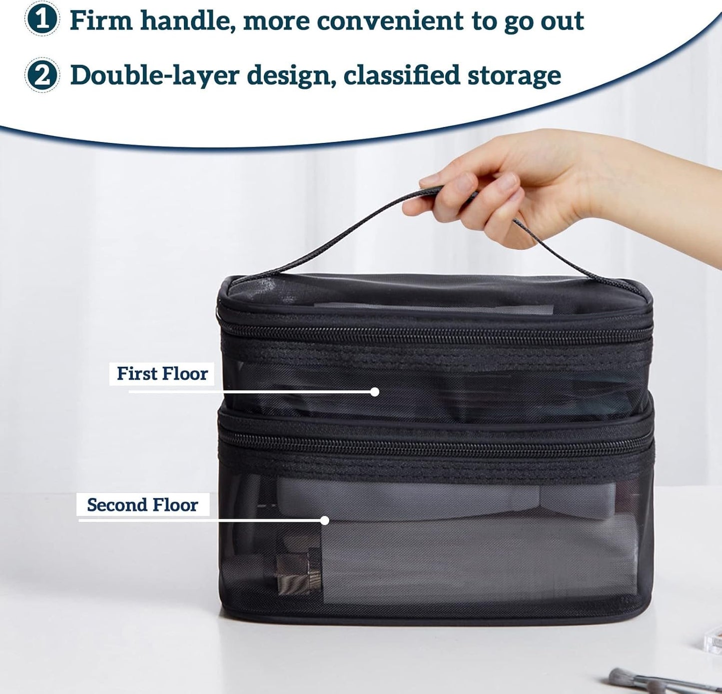 Double Layer Makeup Bag, Large Mesh Travel Cosmetic Pouch with Double Zipper, Vertical Make up Bag, Multifunctional Toiletry Bag for Makeup Brushes (Black)