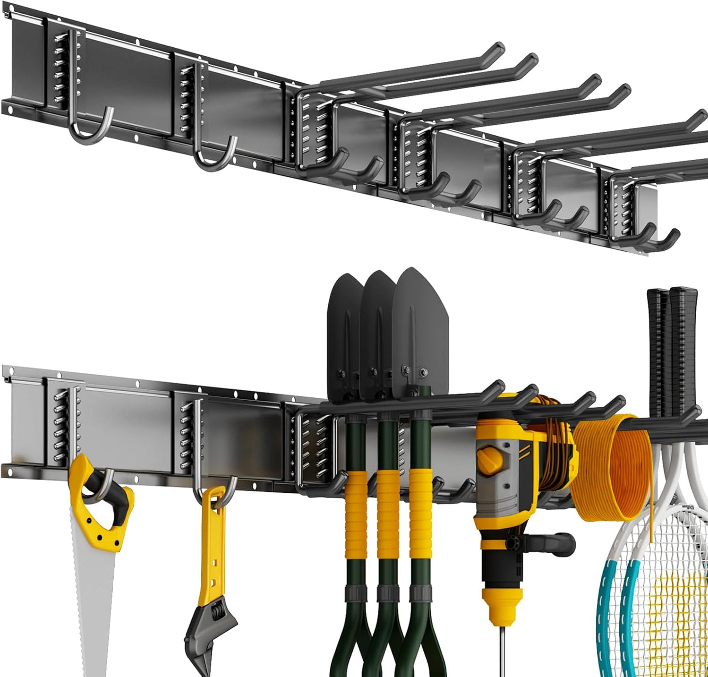 Garage Organization Tool Organizer Wall Mount, 32inch Heavy Duty Garden Tool Storage System, Easy Install With 6 Adjustable Hooks, For Home, Garage, Outdoor, Workshops (Black)