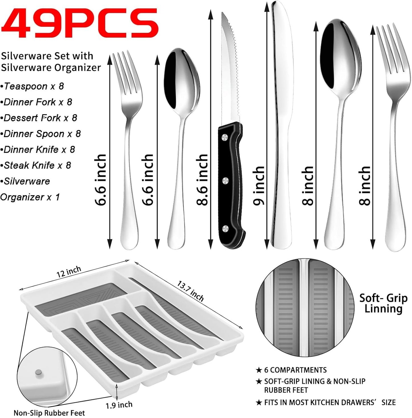 49-Piece Cutlery Set with Organizer, Stainless Steel Silverware Set Service for 8 with Steak Knives and Utensils