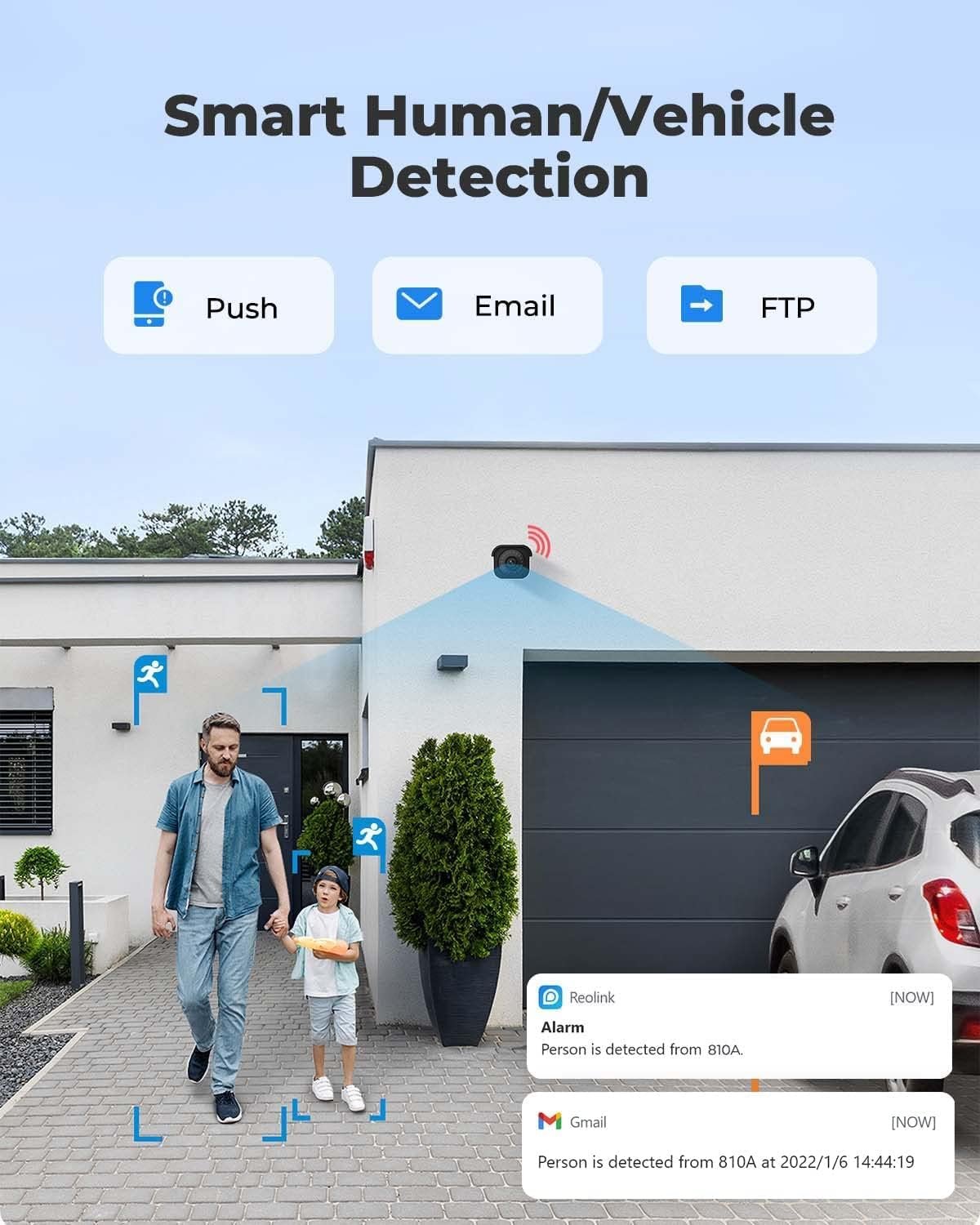 Reolink 4K Outdoor Security Camera, Smart Human/Vehicle Detection Work with Google Assistant PoE IP Cam, 256GB microSD Storage for 24/7 Recording(not Included), RLC-810A