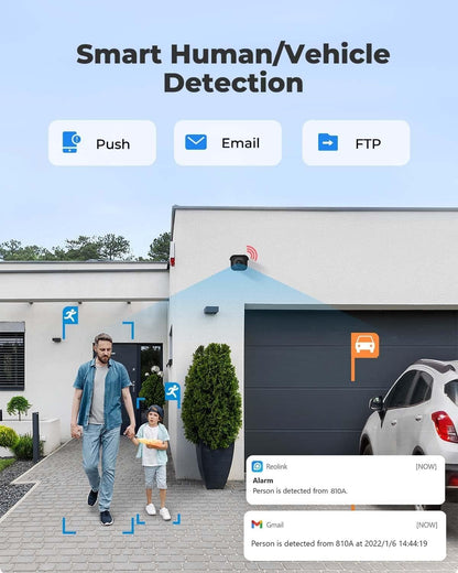 Reolink 4K Outdoor Security Camera, Smart Human/Vehicle Detection Work with Google Assistant PoE IP Cam, 256GB microSD Storage for 24/7 Recording(not Included), RLC-810A
