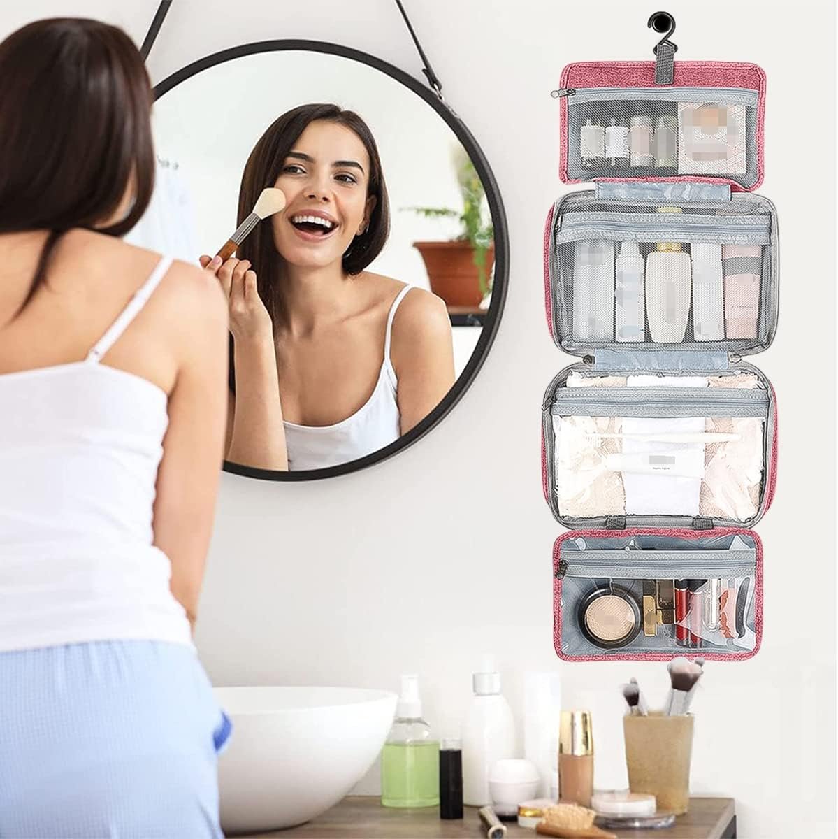 Hanging Toiletry Bag, Waterproof Wash Bag for Makeup Large Capacity Travel Makeup Bag Compact with Hook, Portable Makeup Traveling Organizer for Women Outdoor Camping Travel (1, Pink)