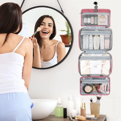 Hanging Toiletry Bag, Waterproof Wash Bag for Makeup Large Capacity Travel Makeup Bag Compact with Hook, Portable Makeup Traveling Organizer for Women Outdoor Camping Travel (1, Pink)