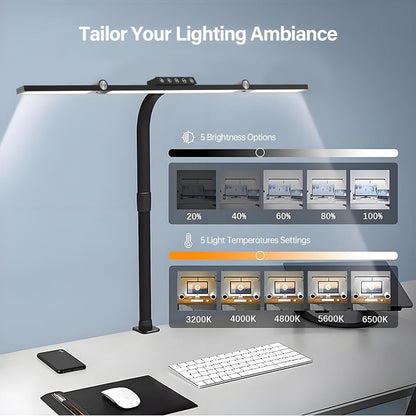 VOURTM LED Desk Lamp with Clamp, 24W Eye-Care Desk Light with Smart Remote, Stepless-Dimming and Color Temp Control, Architect Desk Lamp for Home Office, Workbench, Reading, Study, Painting