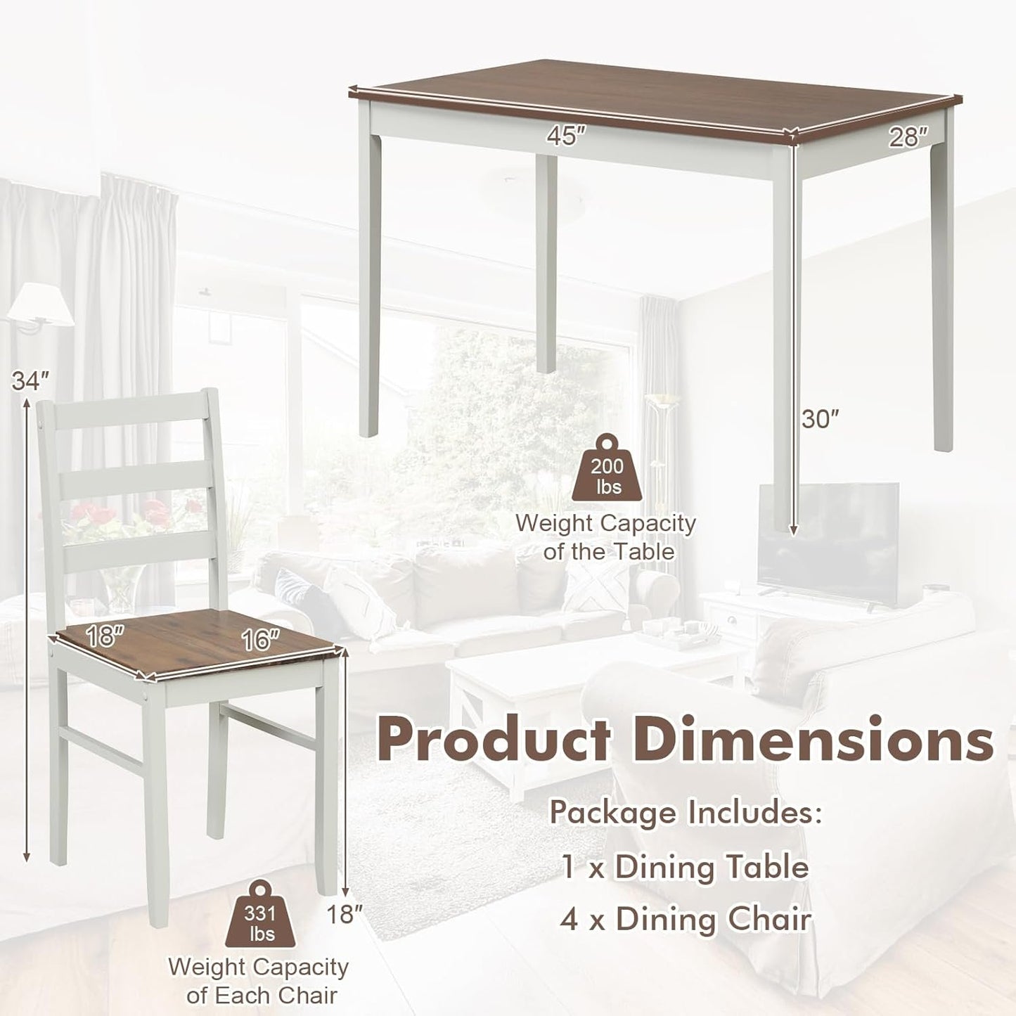 COSTWAY Dining Table Set for 4, Wood Kitchen Table Chairs Set with Rubber Wood Legs, Space-Saving Design, Modern 5-Piece Dinette Set for Small Place, Kitchen, Dining Room, Restaurant (Brown)