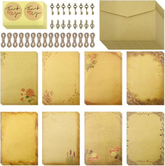 Modixun 96pcs Vintage Paper and Envelopes, Retro Kraft Writing Stationery Paper and Envelopes, Include Antique 32 Papers, 16 Envelopes, 16 Ropes, 16 Pendants, 16 Stickers
