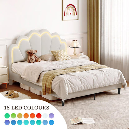 Luxsuite Queen Size Bed Frame with Elegant Flowers Headboard Metal Platform Wooden Mattress Base Bedroom Furniture Foundation White