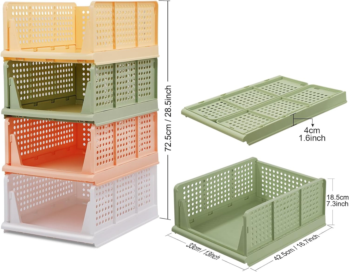 jocabo Folding Wardrobe Storage Shelf Baskets Box 4-Pack Plastic Drawer Organizer Stackable Cloth Closet Container Bin Cube Home Office Bedroom Laundry Drawer Crate Book Goods Organization -Colorful