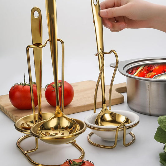 Aladeno Poggiamestolo Portamestolo Verticale in Acciaio Inossidabile Elegante Pratico Portamestolo di Facile Accesso Gadget da Cucina Porta Utensili da Cucina per la Casa Pentole (Golden mit 1 Teller)
