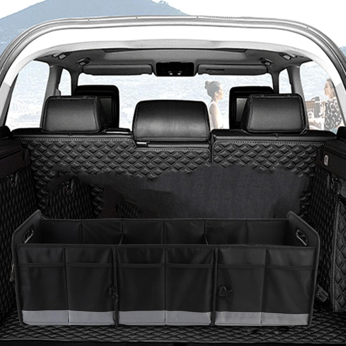 Car Trunk Organizer, 95L Car Multi Compartment Storage Box with Handles, Foldable Trunk Extended Cargo Organizer, for Any Car, SUV, Truck
