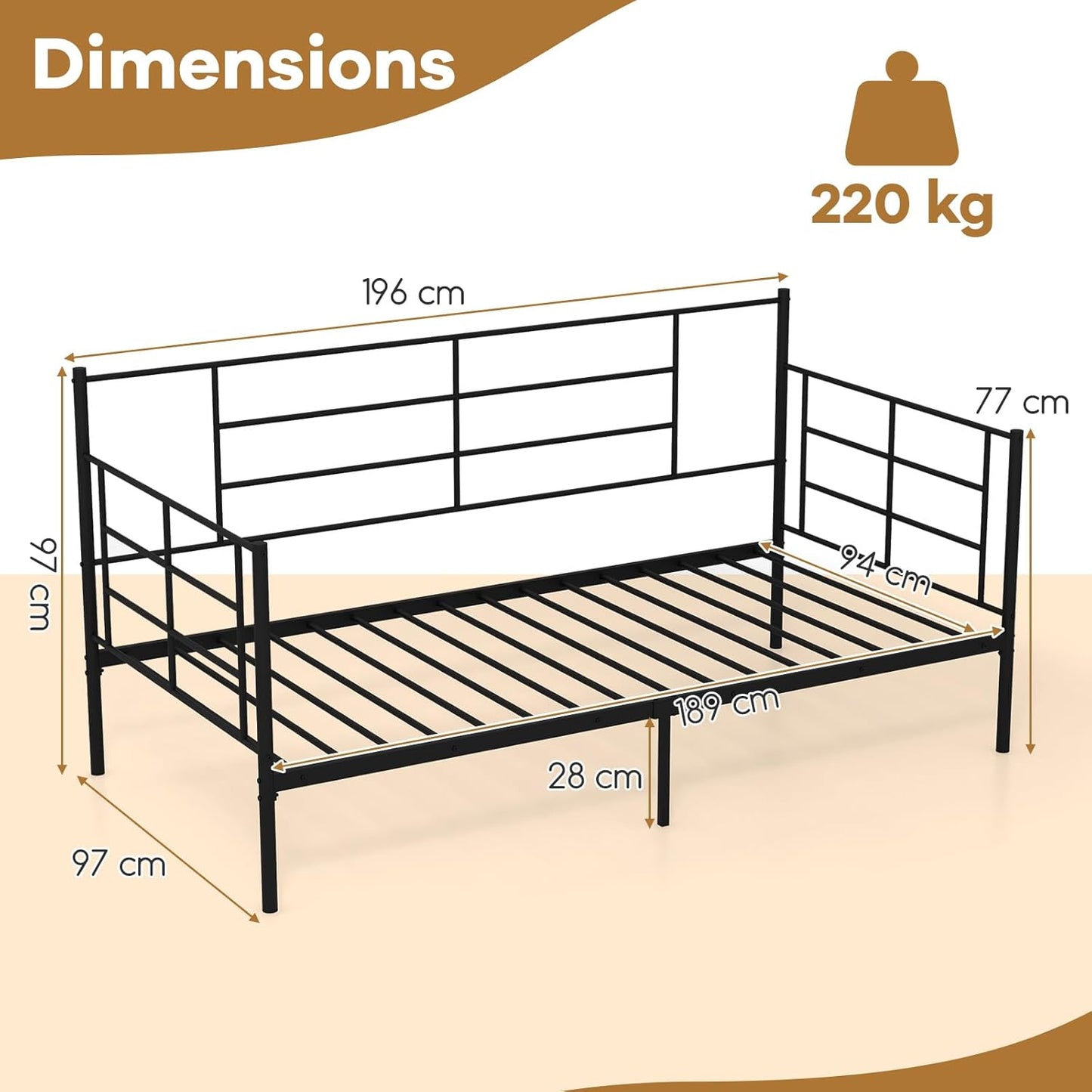 Giantex 2-in-1 Single Daybed, Sofa Bed with Arms & Back, Single Platform Bed with Metal Slat Support for Living Room, Guest Room, No Box Spring Needed