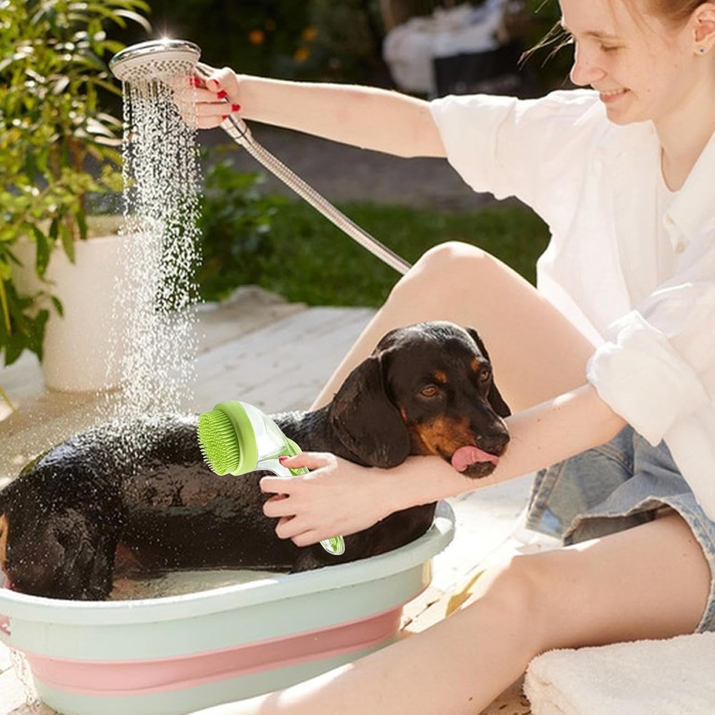 Pet Bath Brush, Dog Grooming Scrubber, Bristle Massage Tool with Anti Slip Handle,19cmx7.4 Inches Gentle Bathing Brush for Puppies, Cats, Horses, Spa Wash, Cleaning and De Shedding