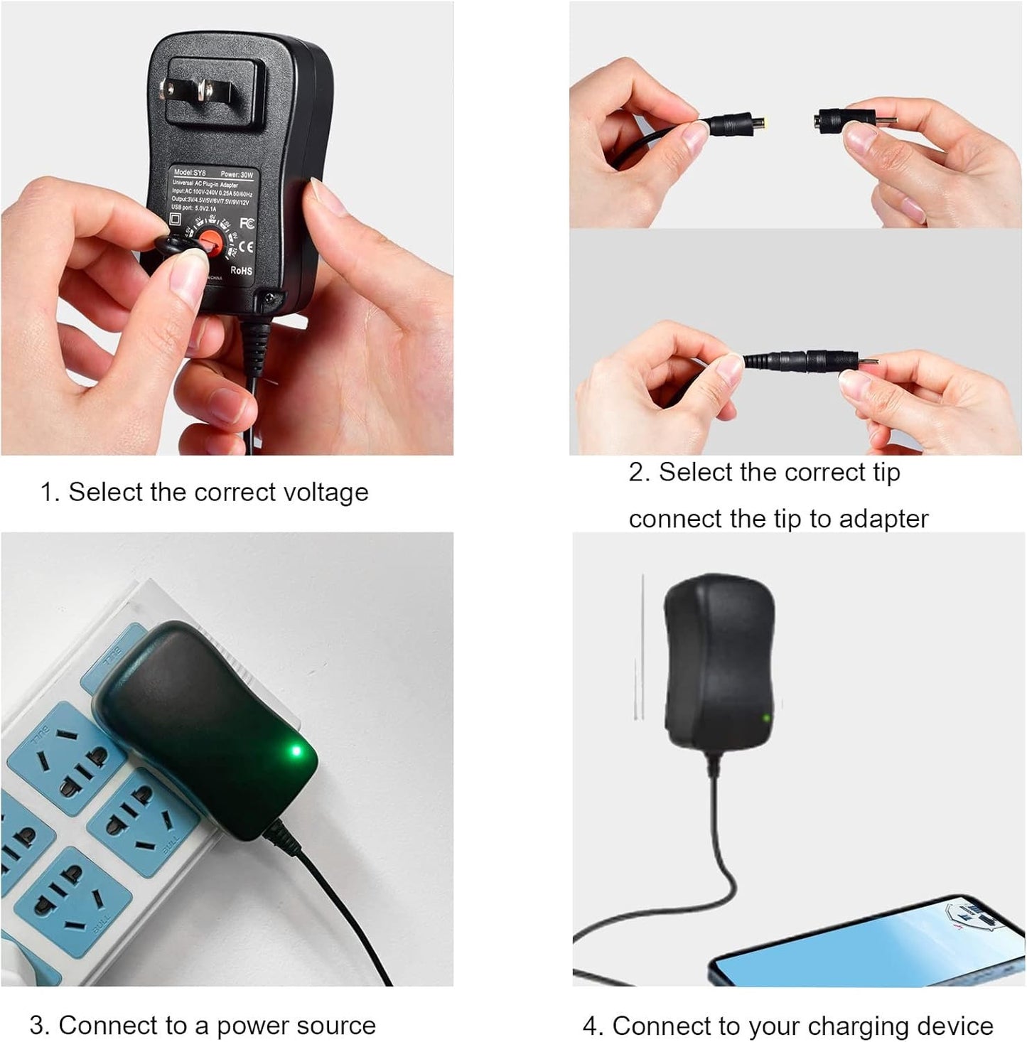 30W Universal Power Adapter, 3V 4.5V 5V 6V 7.5V 9V 12V Universal AC/DC Adapter, Adjustable 12V DC Power Supply for Household Electronics