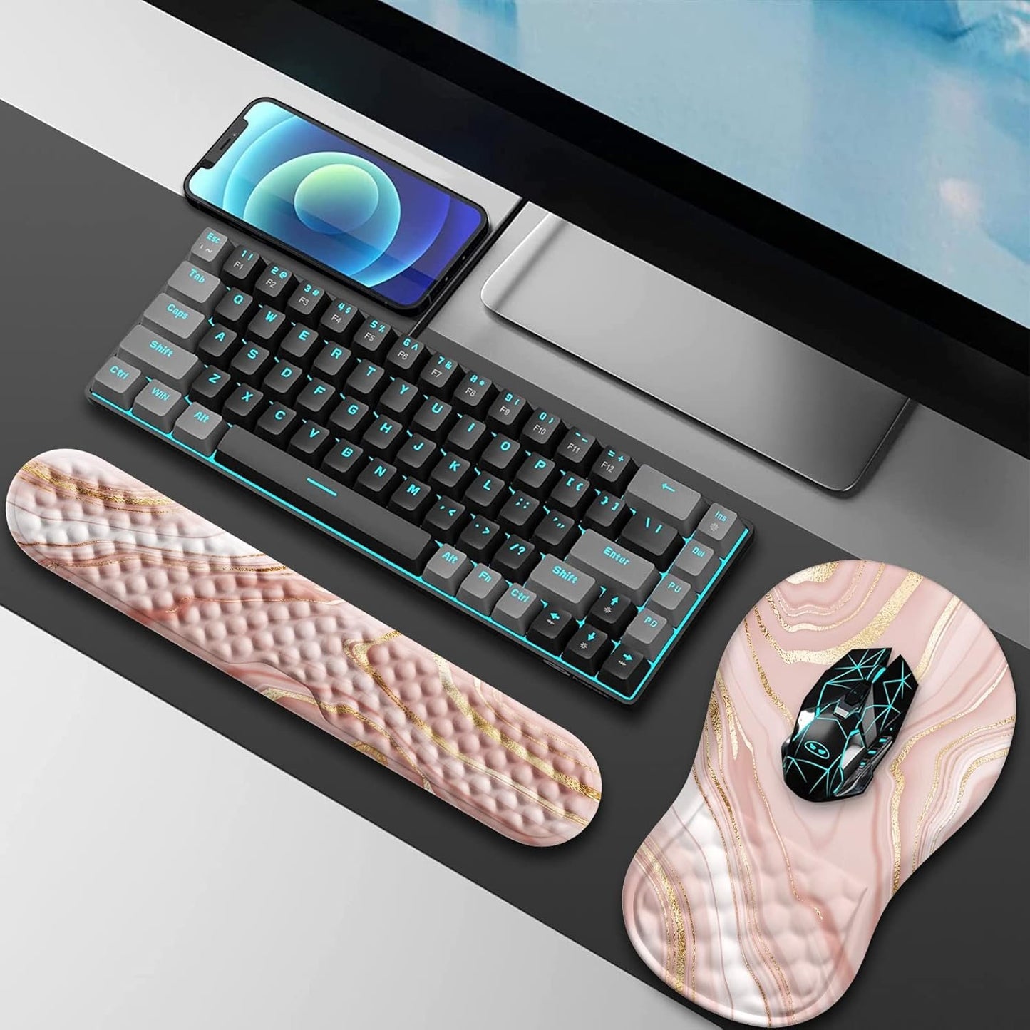 HAOCOO Keyboard Wrist Rest, Ergonomic Mouse Pad with Wrist Rest, 3 in 1 Keyboard and Mouse pad with Coaster Set, Memory Foam Wrist Support, Non-Slip PU Base for Home Office, Rose Gold Pink