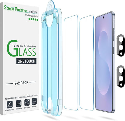 amFilm (2+2 Pack) OneTouch Compatible with Samsung Galaxy S25 Edge (2025), Tempered Glass Screen Protector, 9H Hardness with Tempered Glass Camera Lens Protector, Easiest to Installation