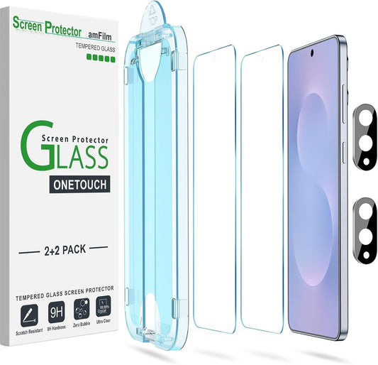 amFilm (2+2 Pack) OneTouch Compatible with Samsung Galaxy S25 Edge (2025), Tempered Glass Screen Protector, 9H Hardness with Tempered Glass Camera Lens Protector, Easiest to Installation