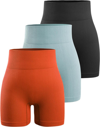 YNNTHY Women's 3 Piece Workout Shorts Yoga Seamless Ribbed High Waisted Spandex Booty Biker Shorts