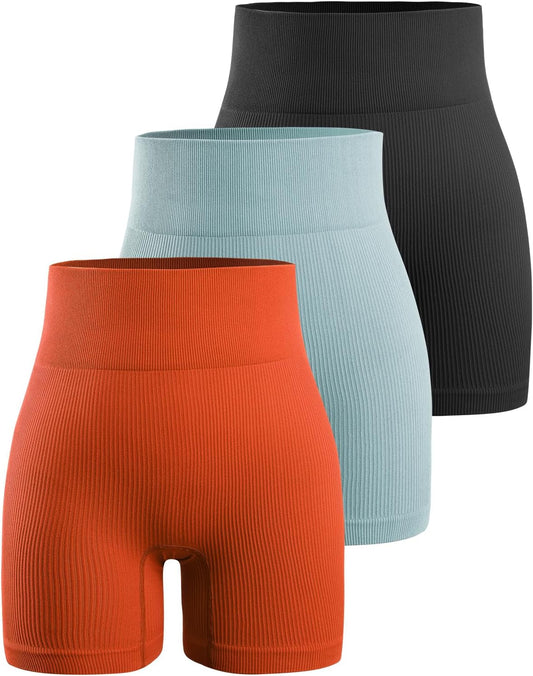 YNNTHY Women's 3 Piece Workout Shorts Yoga Seamless Ribbed High Waisted Spandex Booty Biker Shorts