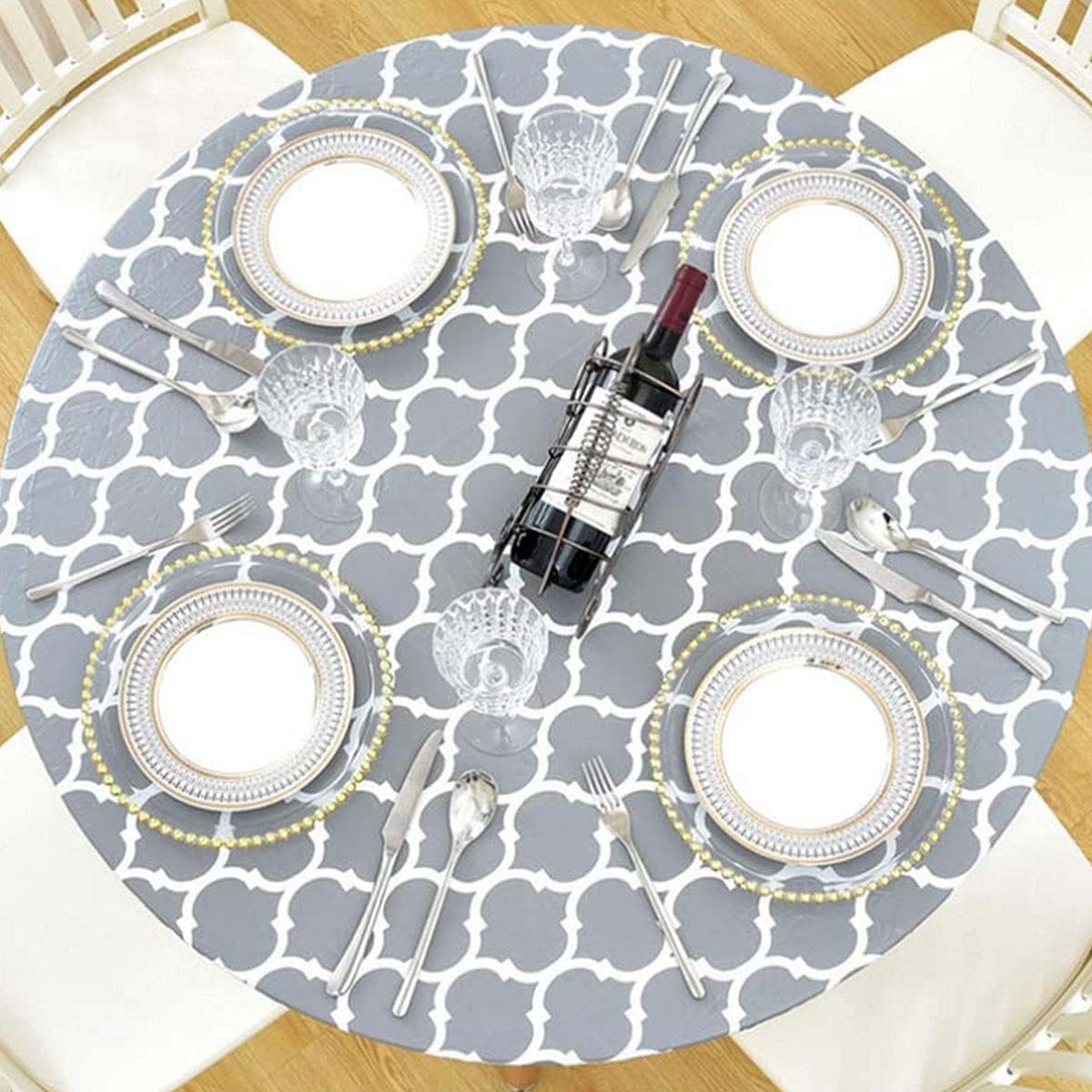 HSHGZSR Waterproof Round Tablecloth Elastic Edged Fitted Table Cover Wipeable Oil Proof Table Cloth for Kitchen Dining Room Tabletop (Grey, 43.3-55.1 Inch in Diameter)