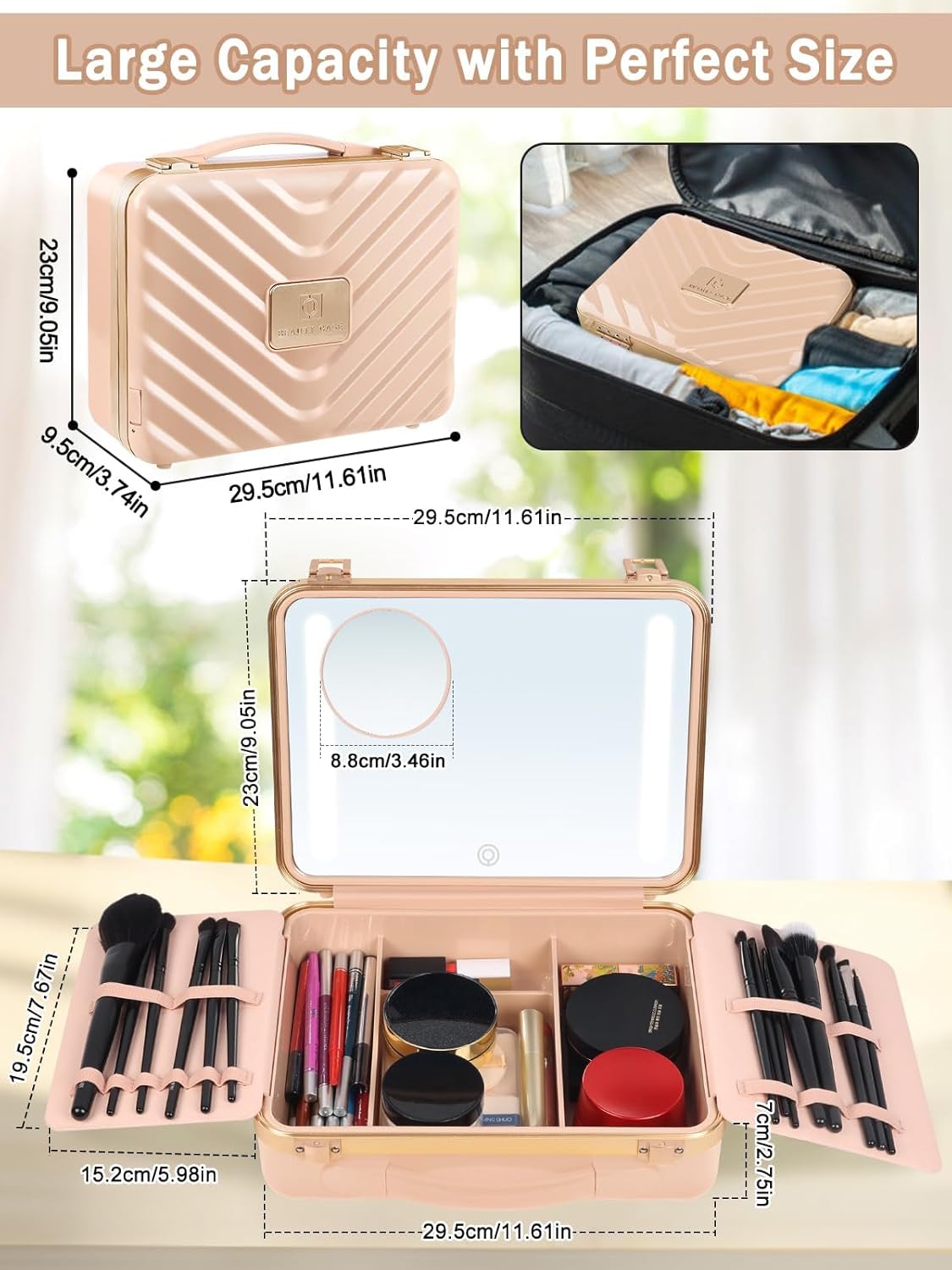 TOROKOM Travel Makeup Train Cases, Lighted Mirror Makeup Bag Cosmetic Case Organizer Adjustable Brightness Portable Makeup Storage Box For Makeup Brushes Accessories Tools, Pink