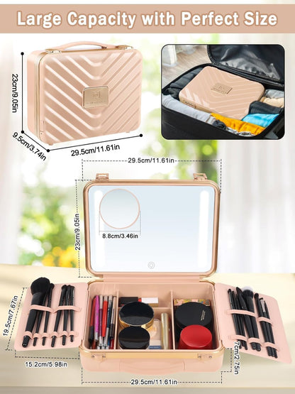 TOROKOM Travel Makeup Train Cases, Lighted Mirror Makeup Bag Cosmetic Case Organizer Adjustable Brightness Portable Makeup Storage Box For Makeup Brushes Accessories Tools, Pink